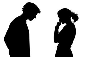 Man and woman facing each other in a thoughtful and silent exchange, captured in a minimalist black and white style vector