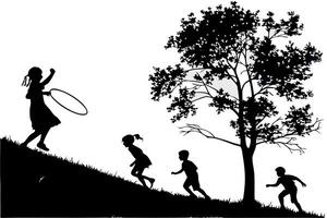 A group of children dancing, jumping, and playing with balloons, depicting happiness and movement vector