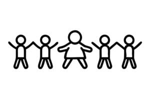 Row of diverse stick figure children holding hands, unity and teamwork concept in minimal black and white illustration style vector