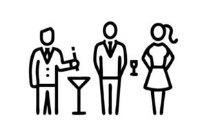 Elegant business people socializing with cocktails in a stylish rooftop setting overlooking the city skyline in minimalist icon style vector