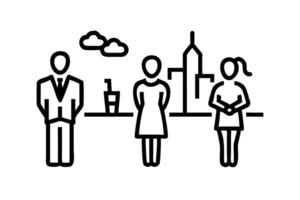 Urban professionals interacting at evening event with drinks and modern cityscape background in black and white silhouette design vector