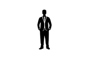 Confident businessman standing alone in suit with hands in pockets, isolated on white in minimalist silhouette vector