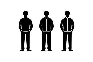 Group of black silhouette men icons with various outfits, showing individuality in minimal design vector