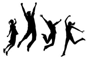 Cheerful group silhouette jumping upward with raised arms, expressing success, victory, unity, energy and teamwork vector