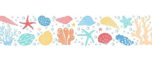 Colorful horizontal border showcasing underwater marine elements. Coral, seashells, and marine animals displayed in vibrant, playful cartoon style fit for banners and graphics. vector