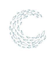 Chalk fish school silhouette. Group of aquatic creatures swim in a swirl pattern. Marine life, ocean context, flat style, ideal for summer projects. vector