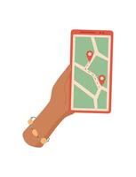 A mobile phone held in a hand. A smartphone with a digital map application. The user interacts with the touchscreen for navigation and GPS services, social media context, cool visual style, versatile vector