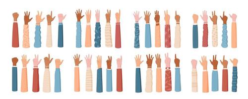 Cartoon hand count gesture set, featuring fingers and palms in various number positions. Isolated flat arms collection with colorful clothes, ideal for number counting education or design concept. vector