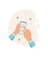 A hand holds a mobile phone displaying a to list app. A user interacts with the app on the screen using finger. This digital application features checklist format for effective task management. vector