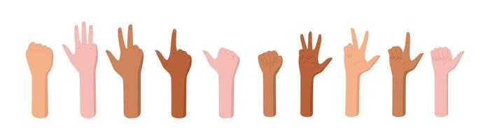 Cartoon flat hand count gesture set of diverse bare arm positions. Variety of finger and palm configurations for counting numbers. Isolated illustration useful for education and professional context. vector