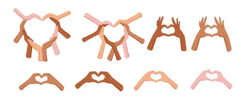 Flat set of heart gestures by diverse hands. Multicultural hand shapes forming heart symbols express love, solidarity, and allyship. Suitable for posters with themes of community or equality, vibrant vector