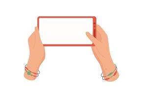 A hand holds a smartphone with a blank screen template. The user grips mobile phone displaying an empty interface. This device features template for apps and digital communication, flat style, vector