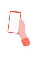 Hand hold smartphone sticker. User gesture with mobile device. Communication concept with flat template, suitable for application usage. Visual representation of digital interaction and technology. vector