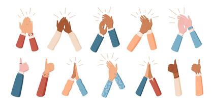 Set of flat hands clapping in group celebration. Applaud actions show gesture of support and unity. Cartoon art concept highlights people together, ideal for teamwork or cheerful moments. vector