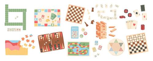 Flat collection of board game set. Boardgame selection with chess, poker, domino, jenga, and bingo pieces. Fun puzzles for family and children at home or parties, playful graphic. vector
