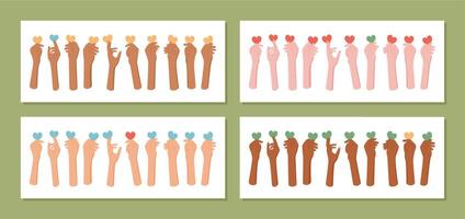 Flat style set of diverse bare hands with colorful hearts. Symbol of love, charity, solidarity, and community. Ideal for promoting diversity and social unity concepts. vector