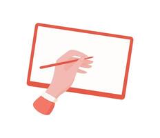 A hand holds a blank tablet screen. The palm displays a simple template for drawing or sketching. This empty device signifies digital canvas, flat concept, versatile use. vector