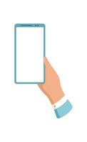 A hand holds a smartphone with a blank template screen. This mobile device features digital interface, showcasing the versatile nature of modern communication. Users can interact with the technology, vector