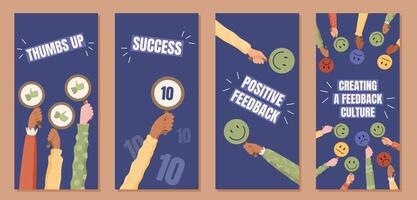 Positive feedback media stories set with cartoon hands. Review and survey concepts for customer satisfaction. Social media poster style, marketing and communication visuals, modern design. vector