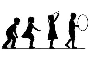 A sequence of children in various playful poses, from running to playing with hoops, representing childhood fun vector