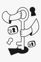 A black and white illustration of two hands holding a key vector