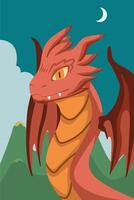 A cartoon dragon with orange wings and a moon in the background vector