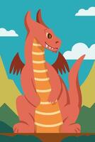 A cartoon dragon sitting on a hill with mountains in the background vector