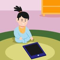 A little girl sitting on the floor with a tablet vector