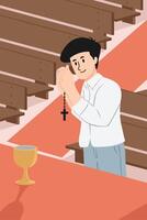A man is praying in a church with a rosary vector