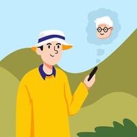 An illustration of a man with a phone and a thought bubble vector