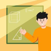 A man is standing in front of a blackboard with a cube on it vector