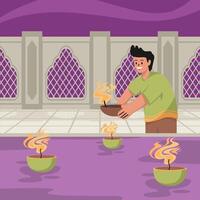 A man is lighting a candle in a bowl vector