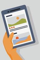 A hand holding a tablet with a picture of a beach vector