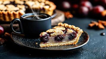 steaming cup of coffee beside slice of fruit tart, creating cozy atmosphere photo