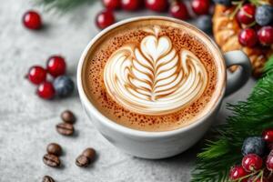 cozy coffee cup with beautiful latte art surrounded by fresh berries and pastry evokes warmth photo
