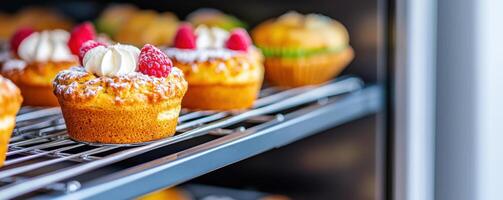 Freshly baked muffins with raspberries and cream on display shelf, inviting and delicious photo