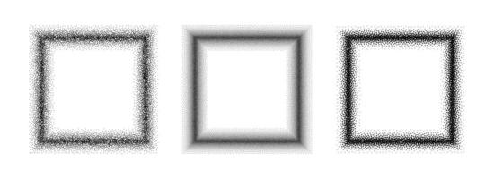 Black stippled square frame set. Dotted gradient border collection. Square picture holders for banner, copy space, collage, emblem, poster, template, box. Stipple frame element bundle vector
