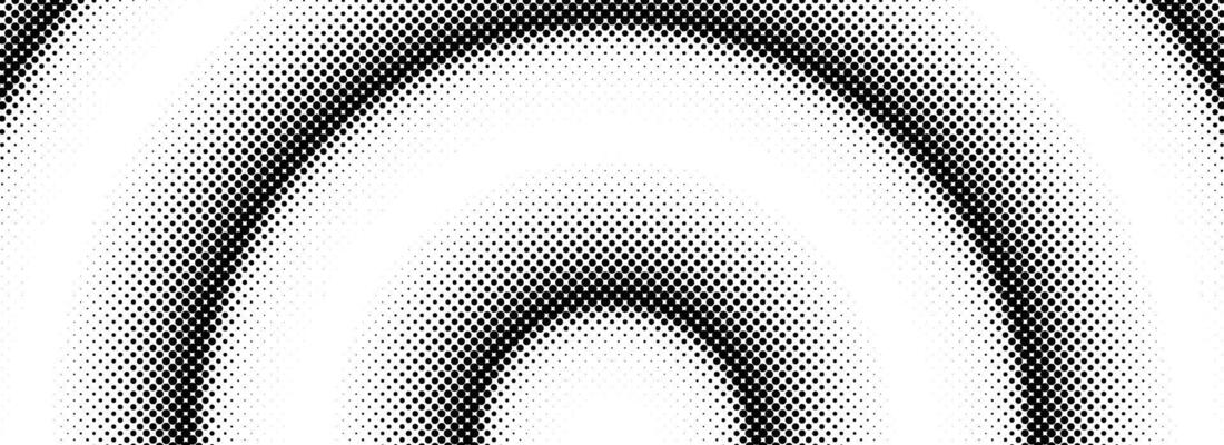 Halftone arch background. Radial comic semi circle wallpaper. Black and white dotted arc gradient. Fading rough dot hemisphere concept. Grungy pop art gradation backdrop.