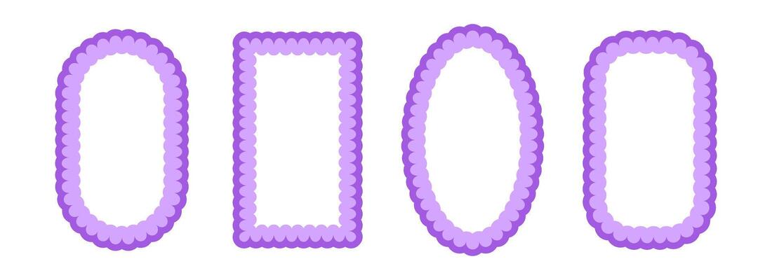 Purple frill pattern frame set. Cute scalloped ellipse and rectangle border collection. Wavy lace edge shape in rococo style for decoration, poster, banner. Wiggly coquette element pack.