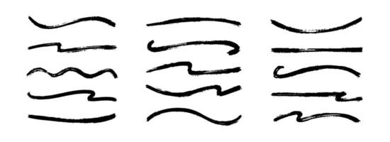 Curved and wavy sketch brush stroke collection. Squiggle paint line set. Rough charcoal flourish pack for highlight, underline, emphasis. Hand drawn crayon strips. Black swoosh stripe bundle. vector