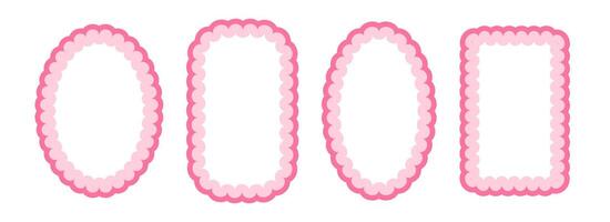 Cute frill pattern frame set. Pink scalloped ellipse and rectangle border collection. Soft wavy lace edge shape in rococo style for decoration, poster, banner. Girly coquette element pack. vector
