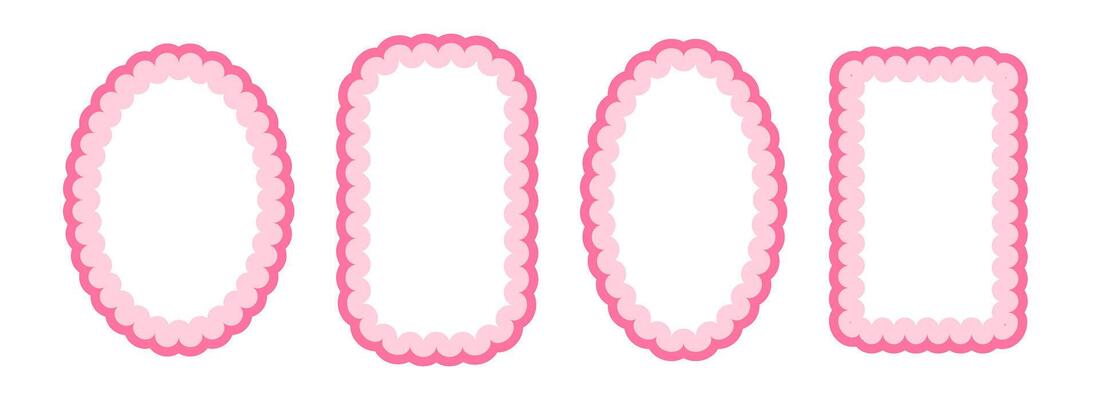 Cute frill pattern frame set. Pink scalloped ellipse and rectangle border collection. Soft wavy lace edge shape in rococo style for decoration, poster, banner. Girly coquette element pack.