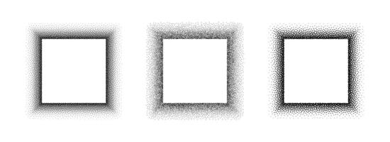 Black stippled square frame set. Dotted gradient border collection. Square picture holders for banner template, copy space, collage, emblem, poster, box. Stipple frame element bundle vector
