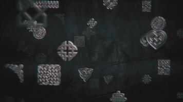 Silver metallic Celtic symbols floating towards the camera. Celtic spirals and knots animation. video