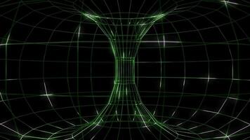 Futuristic technology background with a spinning green wireframe structure and glowing white energy light beams. video