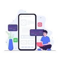 Programmer doing mobile development while sitting vector