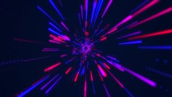 Hyperspace warp speed flight through a galaxy of neon stars, particles and light beams. Glowing starburst space tunnel. Looping HD background animation. video