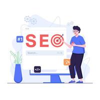 Man doing SEO marketing strategy via desktop vector