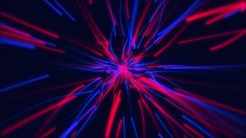 An explosion of fast moving glowing neon colored energy light beams flowing towards the camera. Looping HD animation. video