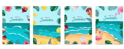 Hello summer background with palm leaves, melon,flower,ice cream frame for a4 vertical design vector